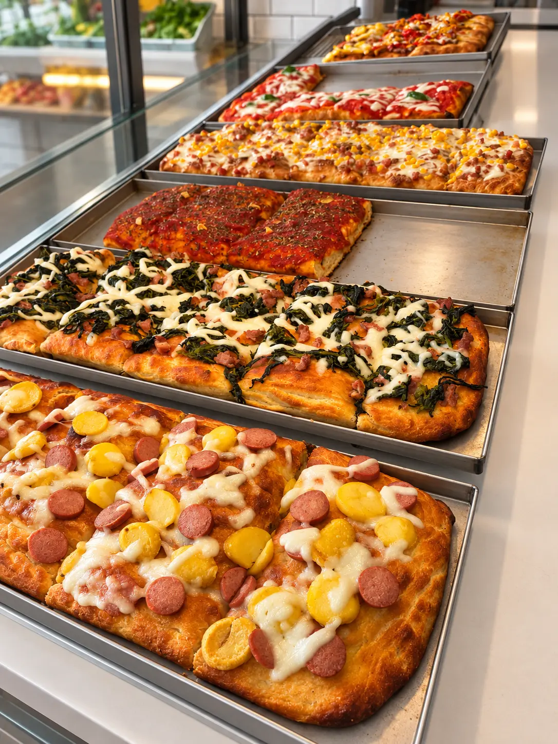 Le pizze al trancio esposte al banco di Tranciotto