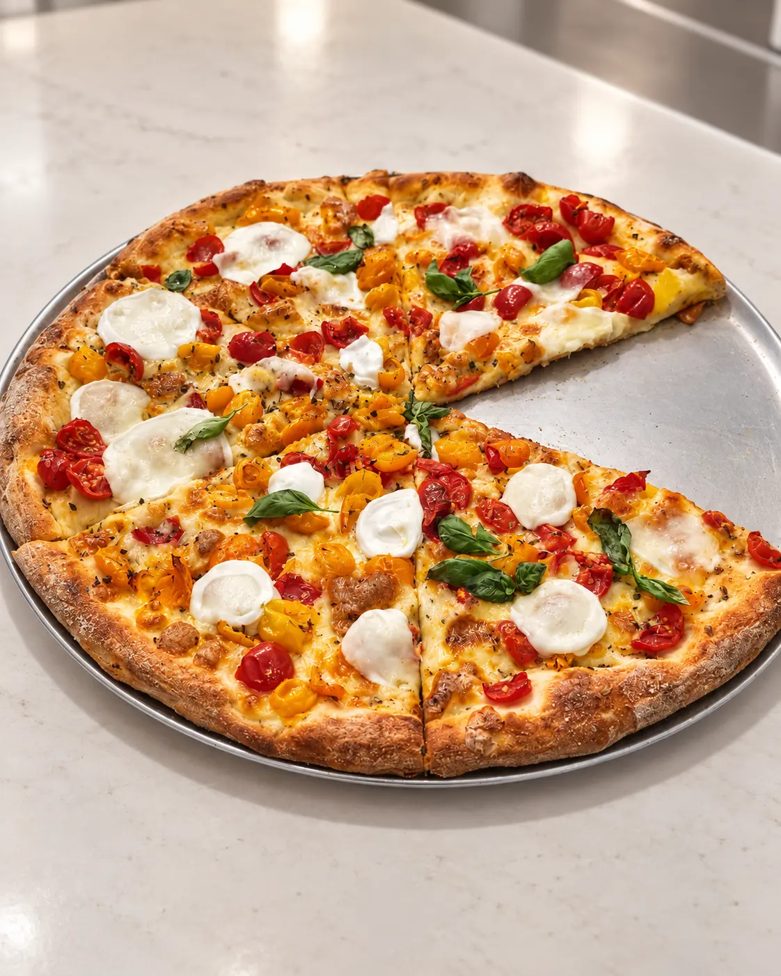 Pizza Tranciotto con pomodorini, mozzarella e basilico